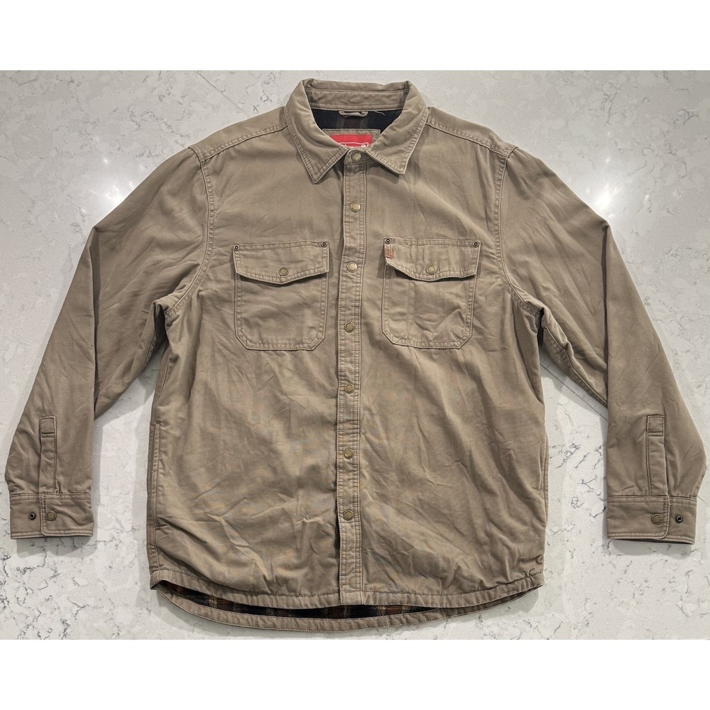 Coleman Canvas Shirt Jacket Mens L Khaki Tan Fleece Lined Plaid Shacket CF5H4533